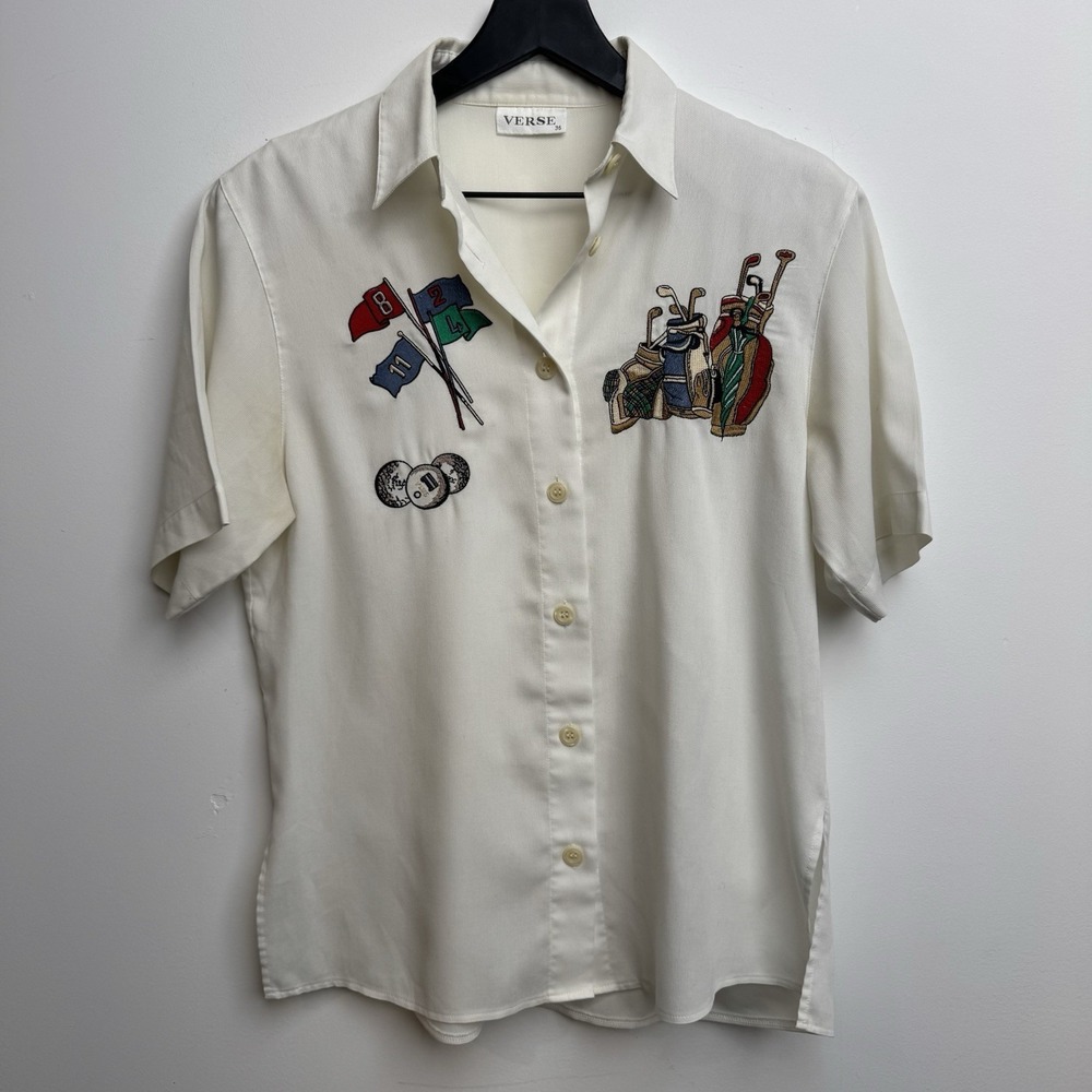 VTG Golf Polo Shirt VERSE Embroidered Cream Blouse Sz 36 Shoulder Pad Top Womens